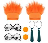 Halloween Mad Scientist Costume Cosplay Accessories Kit Orange Hairy Headband Sponge Nose Googly Wiggle Eyes Glasses Green Tie Character Cosplay One Size Fits Most Men Women Party Dress Up (2 SET)