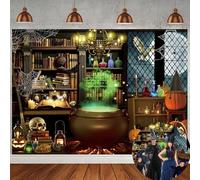 Halloween Magic Witch Photography Backdrop Halloween Magic Gauldron Bookshelf Background Spooky Retro Mid Century Vintage Hallowmas Party Decorations Banner Photo Backdrop (6X4FT (180x120cm))