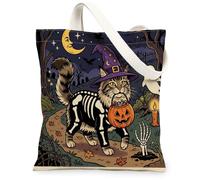 Halloween Maine Coons Cat Canvas Tote Bag for Shopping 13x15, Horror Kitten Graveyard Reusable Grocery Print Pattern Bag for Women, Spooky Scary Aesthetic Painting Gift Decor