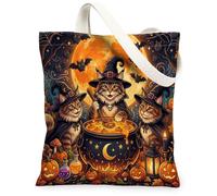 Halloween Maine Coons Cat Canvas Tote Bag for Shopping 13x15, Vintage Kitten Witch Cauldron Reusable Grocery Print Pattern Bag for Women, Scary Beach Aesthetic Painting Gift Decor