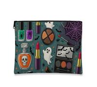 Halloween Makeup Bag, Spooky Ghosts & Bats Cosmetic Travel Pouch for Women, Portable Small Canvas Zipper Organizer, Festival Toiletry Bag, Black, 7x9 Inch, Bag