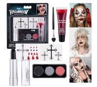 Halloween Makeup Kit,All-in-1 Face Paint Makeup Palette For Goth Makeup,3 Smokey Palette Eyeshadow, Fake Blood, Black Lipstick, Cross & Jewels Stickers for Vampire & Goth Looks
