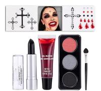 Halloween Makeup Kit - Face Paint For Goth Makeup - 3 Smokey Palette Eyeshadow, Fake Blood, Black Lipstick, Cross & Jewels Stickers - Vampire & Goth Looks In Themes Party