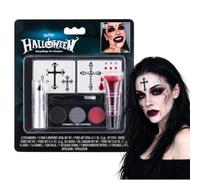 Halloween Makeup Kit, Gothic Vampire Set, Fake Blood and Black Lipstick | 3-colour smokey eyeshadow, cross face stickers and face gems for zombie, witch, clown, cosplay and Day of the Dead looks