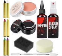 Halloween Makeup Kit, Scar Wax SFX Makeup Kit Fake Blood Set, Kit Includes Scar Wax, 6 Colors Bruise Face Body Paint Crayon, Fake Blood Spray+Dripping+Coagulated Gel, Spatula Sponges Tool (Set A)