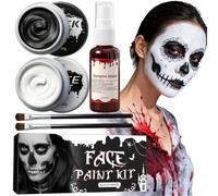 Halloween Makeup Kit with Black White Face Paint and Fake Blood, SFX Makeup Kit for Vampire, Zombie & Clown Devil SFX makeup Effects (Paint 20g*2 + Blood 25ml + 2 Brushes)