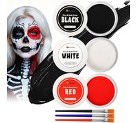Halloween Makeup Kit with Brush, Black White and Red Face Body Paint(165g) | Cosplay Essential, Water-Activated, High Coverage, Long-Lasted, Easy Removal, SFX Effect, Create Vampire, Zombie, Clown Looks