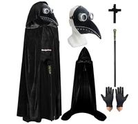 Halloween Mask Plague Doctors Long Nose Bird Beak Mask with Black Hooded Cape, Black Gloves, King Scepter for Halloween Party Dress Up