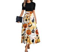 Halloween Maxi Dresses for Women UK, Women's Cute Pumpkin Ghost Graphic Print Halloween Party Costume Ladies Vintage Swing Short Sleeve Work Long Dress,Beige,XL,u555k