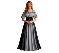 Halloween Medieval Renaissance Costume Women Vintage Irish Cosplay Dress | Cold Shoulder Underbust Corset Irish Over Dress, Short Sleeves Midi Dress, Victorian Goth Cosplay Fancy Dress Outfits