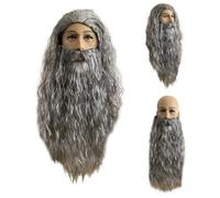 Halloween Men's Grey Wizard Curly Wig with Beard,Long Wavy Wig,Halloween Cosplay Costume Anime Wi-g,for Wizard Wi-g Themed Events Costume