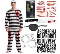 Halloween Mens Horror Striped Bandit Costume 9PCS Set Adult Bloodstained Striped Prison Uniform Thrilling Striped Transformation Outfit Other Role Playing Props Halloween Unisex Escape Costume