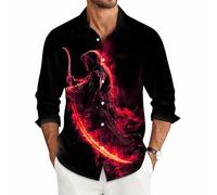 Halloween Mens Shirt | Long Sleeve Flame Skeleton - Button Down Hawaiian Shirt Holiday Tops | for 4XL The Yellow Death God