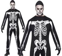 Halloween Mens Skeleton Fancy Dress Suit Jumpsuit with Print & Hood by Smiffys