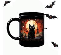 Halloween Midnight Mystery Black Cat Mug - 320ml Spooky Ceramic Coffee Cup with Gothic Castle Design, Dishwasher & Microwave Safe - Perfects Halloween Gifts for Cat Lovers (C)