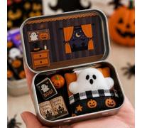 Halloween Mini Ghost Tin Box Set, Little Boo Cute Ghost in Box, Miniature Halloween Set Includes Plush Ghosts Sleeping Bag Spooky Books & Small Orange Pumpkin