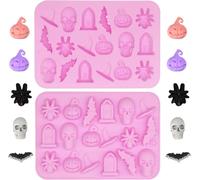 Halloween Molds Silicone for Chocolate, 3D Halloween Chocolate Candy Gummy Mold Skull Pumpkin Bat Witch Hat Spider Tombstone Shapes Mold, for Gummy Candy Jelly Cupcake Decor (2)