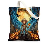 Halloween Monkey Canvas Tote Bag for Shopping 13 * 15, Holiday Graveyard Reusable Grocery Bag for Women, Pumpkins Work Travel Painting Gift Decor