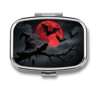 Halloween Moon Bat Pill Box 2 Compartment Square Metal Pill Organizer Portable Mini Travel Medicine Case with Mirror Cute Medicine Container Holder for Pocket Purse