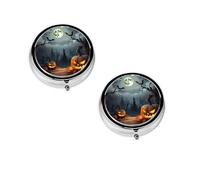 Halloween Moon Bat Pumpkin -Print Portable Round Pill Box - Stylish Round Pill Organizer for Travel Compartments Gift for Medication Management