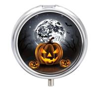 Halloween Moon Bat Pumpkin Round Pill Box 3 Compartment Medicine Pill Organizer with Mirror Travel Small Pill Case Cute Vitamin Organizer Portable Daily Pill Container for Pocket Purse