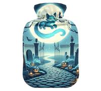 Halloween Moon Cat Bats Hot Water Bottles with Soft Velvet Cover Warm Water Heat Bottles for Menstrual Cramps Pain Relief