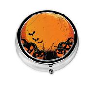 Halloween Moon Night Pumpkin Round Pill Box with 3 Compartments, Mini Metal Pill Organizer for Purse or Pocket, Lightweight Portable for Daily Use Gifts Travel