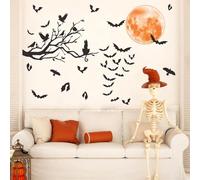 Halloween Moon Wall Sticker - Black Bat and Vinyl Crow Bird Tree Branch Decals - Removable Window Stickers for Party Decorations