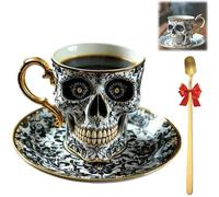 Halloween Mug,Royal Skull Coffee Mug, Gothic Porcelain Tea Cup with Gold Trim, Funny Diabolical Bonehead Cup for Halloween Themed Drinks, Great for Coffee Lovers and Collectors,with Spoon (A)