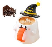 Halloween Mug - White Ceramic Cup, Festive Tea Drinkware, Spooky Water Container | 3D Ghost Embossed Design, Ergonomic Handle Spill Resistant Lid For Home, Apartment, Kitchen, Restaurant, Farmhouse