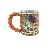 Halloween Mug with Headless Horseman & Skull Design, Pumpkin - hued Handle, Ideal for Spooky Beverage