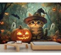 Halloween Mural Cute Cat Pumpkin Lantern Room Wallpaper Ghost Bat Wallpaper Fallen Leaves Forest Tree Woodland Bedroom Wall Mural Poster for Kids Room Sofa TV Background Decor 390X260cm