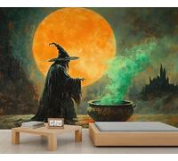 Halloween Murals Witch Under The Moonlight Prints Wallpaper for Girls Gothic Castle Full Moon Wallpaper Moody Blue Green Night Sky Girls Bedroom Living Room TV Backdrop Wall Mural Poster 300X210cm