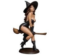 Halloween Mysterious Statue,Sexy Witch Bookshelf Figurine,6" Hand-Painted Resin Gothic Dark on Broo Riding Fairy Witch