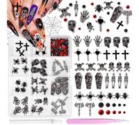 Halloween Nail Charms, 3D Dark Alloy Gothic Cross Bat Nail Charms, Skull Skeleton Spider Tombstone Palm Metal Punk Halloween Nail Accessories Black Red Rhinestones for Nail Art Supplies Crafts
