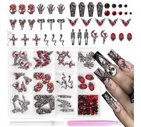 Halloween Nail Charms and Rhinestones Dark Black Skull Cross Gothic Halloween Nail Art Charms, Flatback Red Black Rhinestones Heart Hand Skeleton Tombstone Charm for Halloweens Nail Decor DIY Crafts