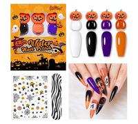 Halloween Nail Polish Set, Nail Varnish Quick Dry 4Pcs, Water-Based Peel Off Nail Polish No UV Needed with Pumpkin Head Design in White Black Purple Orange Colors, Non-Toxic Women Home DIY Manicure