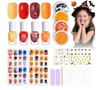 Halloween Nail Polish Sets - Halloween Girls Stick On Nails - 4 Peelable Nail Vanish & 48 Pcs False Nails & 3 Random Nail Art Stickers & 4 Bottles Nail Decorations Kid