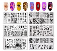 Halloween Nail Stamper Kit - 6 Pcs Skull Bat Witch Spider Web Pumpkin Grimace Blood Design Nail Template Decoration