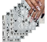 Halloween Nail Stickers, 12 Sheets Butterfly Heart Bat Ghost Spider Spider Web Halloween Nail Art Stickers Decals Self-Adhesive DIY Manicure Supplies (Black+White B)
