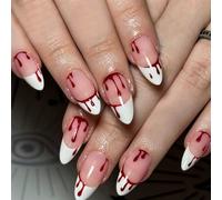 Halloween Nails - 24 Pcs Short Almond Press On Nails - Nude Pink French Tip False Nails With Blooddrops - Pointed Fake Nails Nude Pink - Full Cover Nail Tips For Women Girls Party Cosplay Nail Art