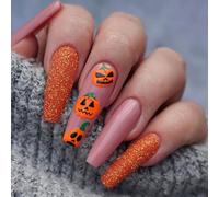 Halloween Nails - 24PCS Short/Long False Nails With Glue, Almond/Coffin/Stiletto Shapes, Black/Red/Pink/Orange Press On Nails for Women and Girls (Orange1, L)