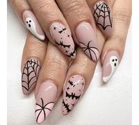 Halloween Nails,Almond False Nails,Ghost Bat Pumpkin Spider Web Pink Nails | Pink Stick On Nails For Halloween Party Costume Cosplay, 24Pcs Medium Length Fake Nails With Glue,Women Nail Art DIY Manicure