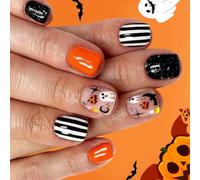Halloween Nails Art Press On Nails With Mysterious Ghostly Stripes And Pumpkin Bat Motifs For Women Party Manicure Pumpkin Bat False Nail