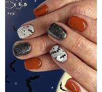 Halloween Nails Art Stickers 24Pcs False Nails With Mysterious Ghostly Bat Skull Star Patterns For Women Party Bat Skull Star Nail Art