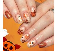 Halloween Nails - Autumn Press On Nails With Pumpkin Ghost Flower - Nude Orange False nails - Short Square Fake nail With Glue - Cute Glitter Stick On nails For Women Nail Art Party Decoration
