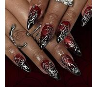 Halloween Nails - Dark Red Press On Nails With Silver Metal Spider Web - Glitter Short Almond False Nails With Glue - Vampire Burgundy Stick On Nail Art For Women Girls Party Cosplay Diy Decoration