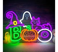 Halloween neon sign BOO ghost neon light dimmable pumpkin neon sign BOO with witch hat plus cat ghost and scary eyeball pattern creates a fun holiday atmosphere