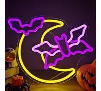 Halloween Neon Sign Moon Flying Neon Bat Sign Led Halloween Decorations Halloween Flying Bat Lights Halloween Led Sign Gothic Neon Sign for Halloween Party Wall Decor Window