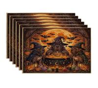 Halloween Neopolitan Mastiff Dog Placemats Set of 6, 12x18 Inch, Vintage Puppy Witch Cauldron 6Pcs Soft Table Mats for Dinning, Scary Pattern Holiday Home Kitchen Decor